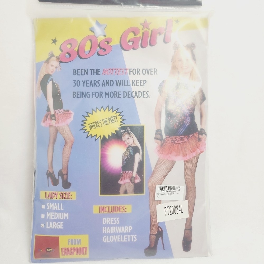 Eraspooky Women 80's Girl Halloween Costume Dress Headwrap Glovelettes S… - Picture 2 of 5